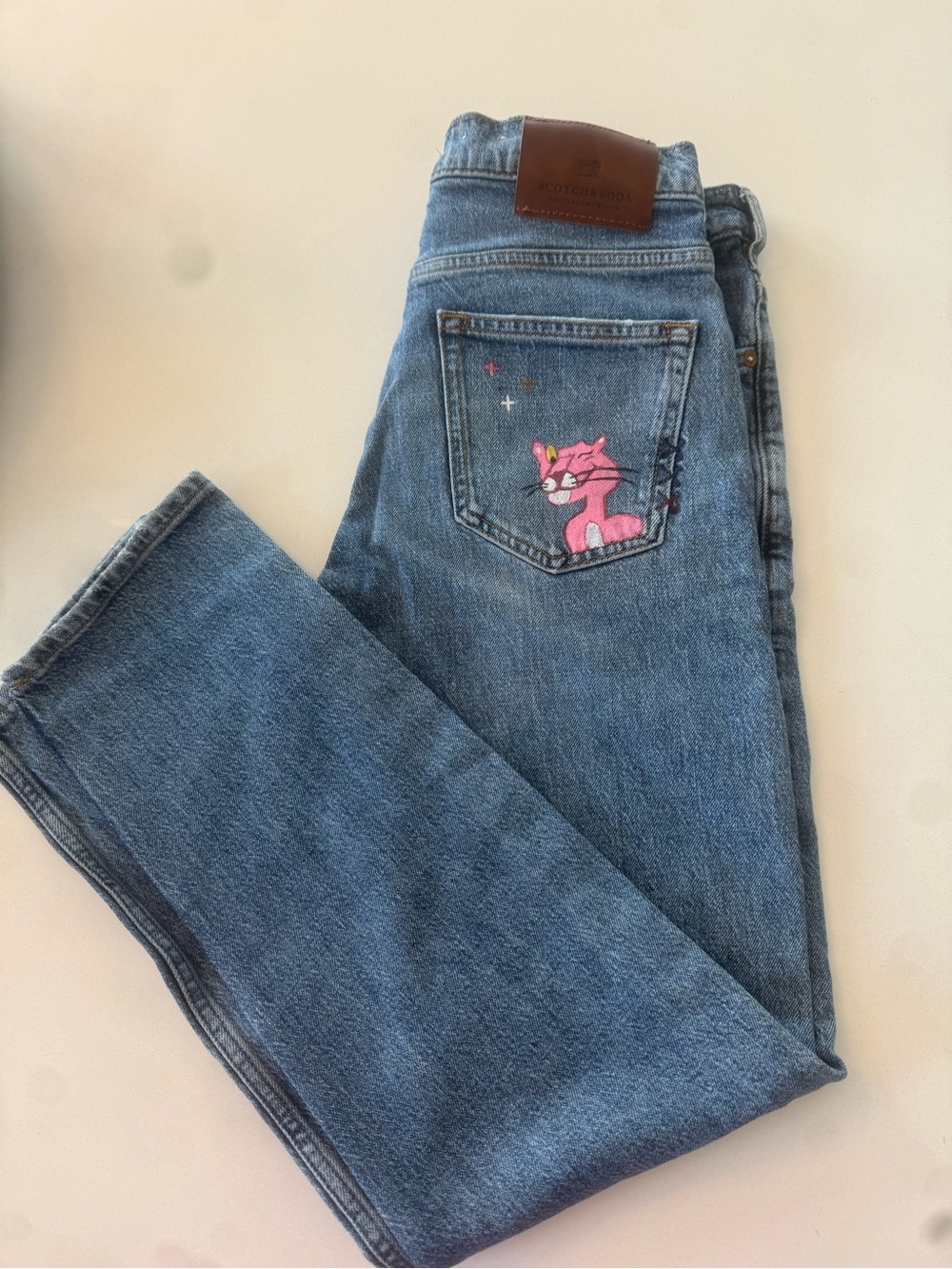 Scotch & Soda Blue Denim Jeans with Pink Panther Pocket custom painting